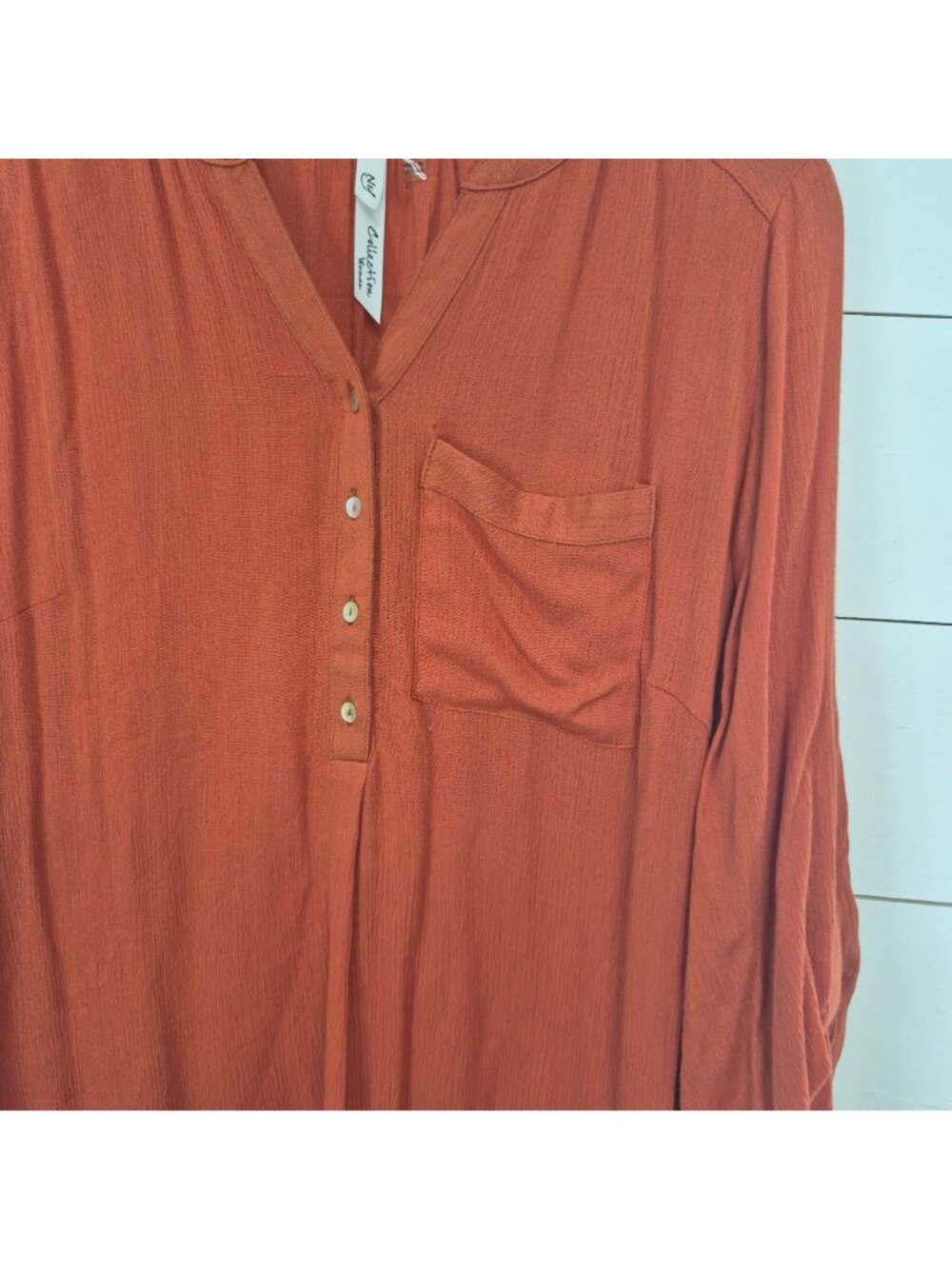 NY Collection Women's Rust Orange Button Blouse With Roll-Tab Sleeves Sz 1x - Picture 4 of 6